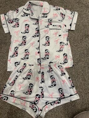 White Satin Pajama Set with Pink Bow & Black Cow-Print Boots